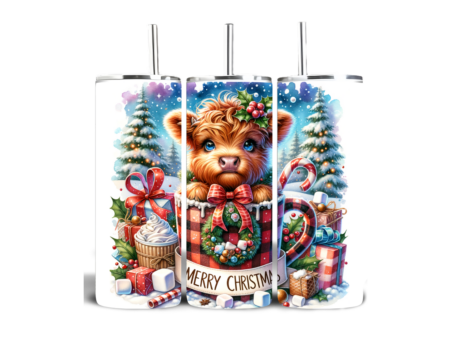 Merry Christmas Cow- 20oz skinny stainless steel tumbler