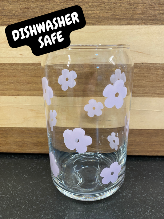Pink Flowers Dishwasher Safe Glass Can